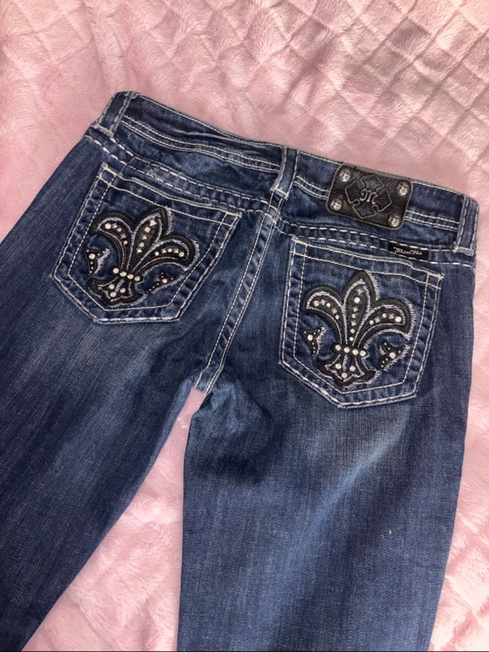 Miss Me Dark Blue Bootcut Jeans with Embellished Fleur-de-Lis Pockets